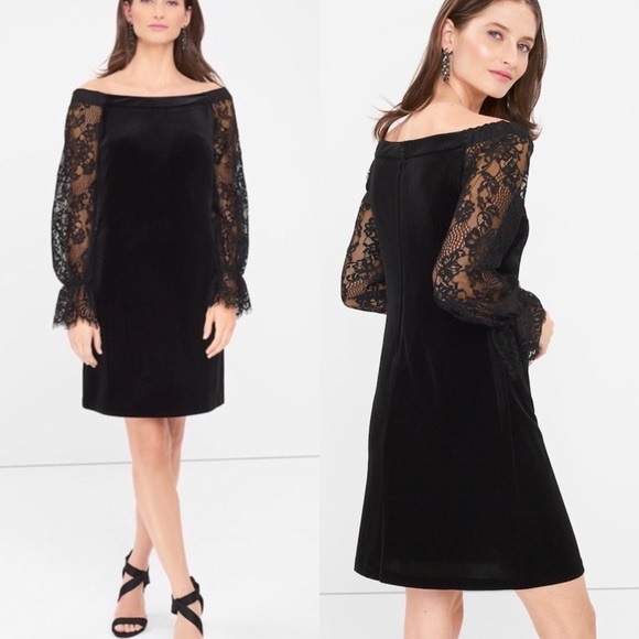 White House Black Market Dresses & Skirts - White House Black Market Off-The-Shoulder Lace & Velvet Dress. Size 4.